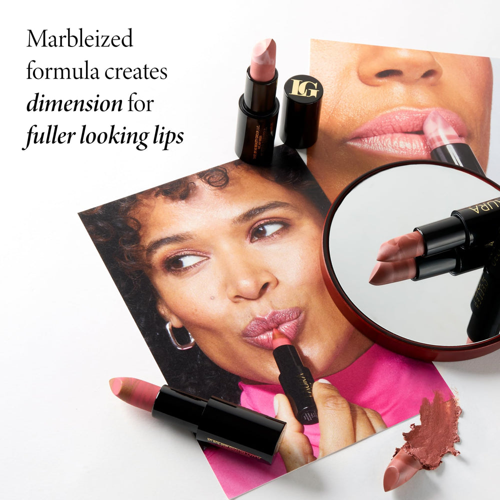 LAURA GELLER NEW YORK lipstick applied on lips displaying natural sheen and comfort