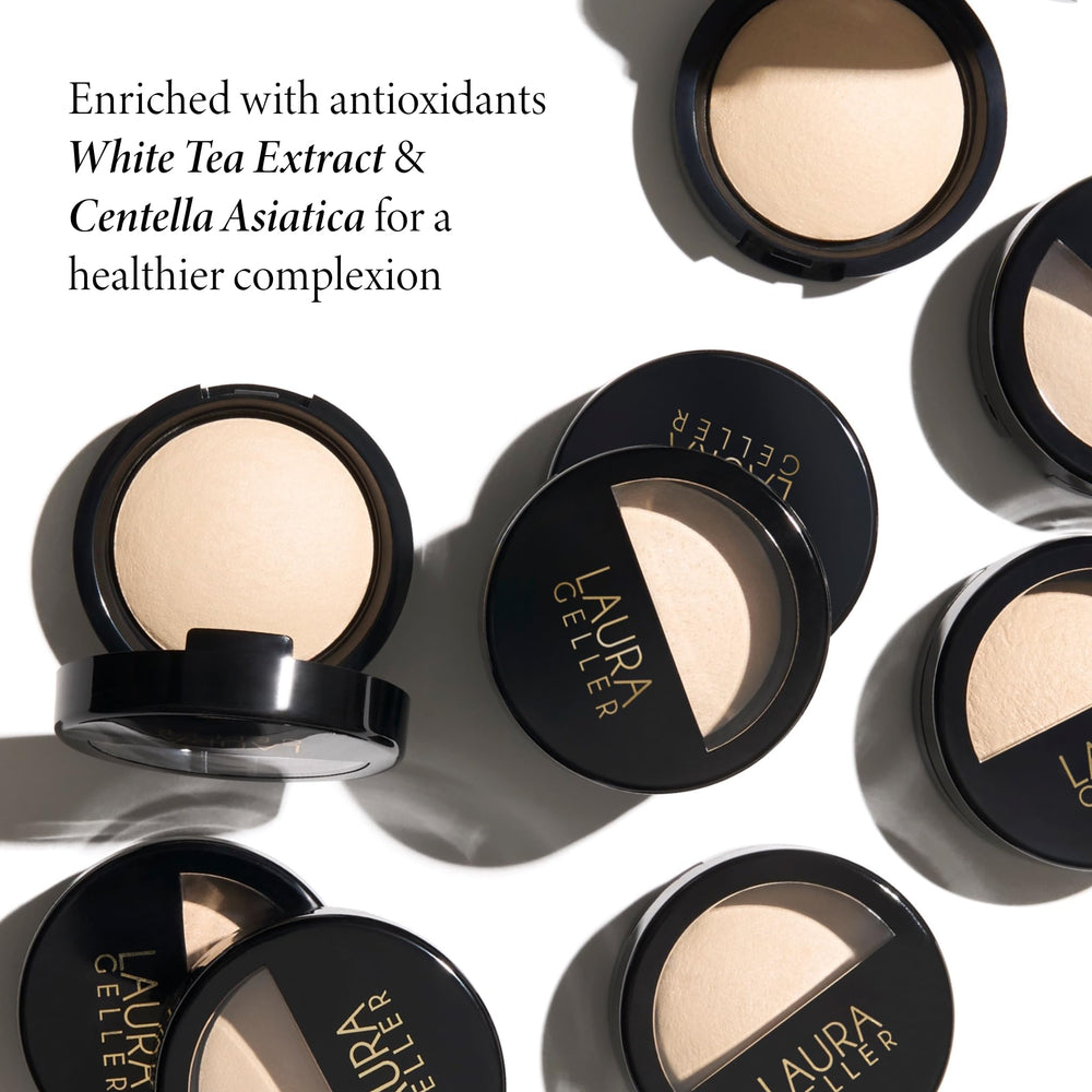 LAURA GELLER NEW YORK powder swatch on hand showing smooth blendability and glow