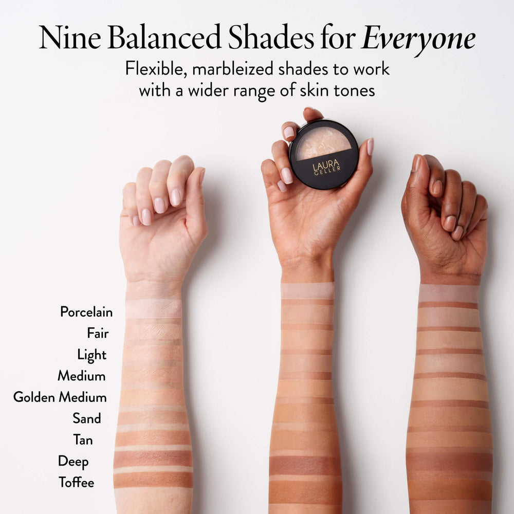 LAURA GELLER powder applied on model to demonstrate natural matte coverage