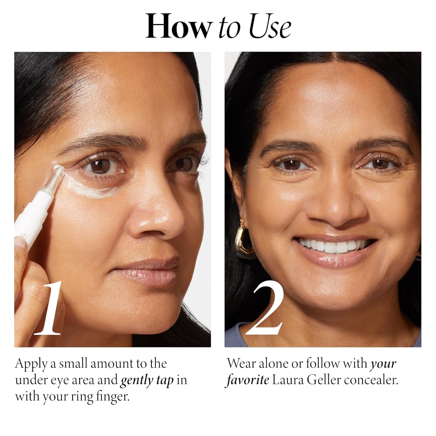 LAURA GELLER Spackle application on fingertip demonstrating gentle tap-and-blend method for delicate skin