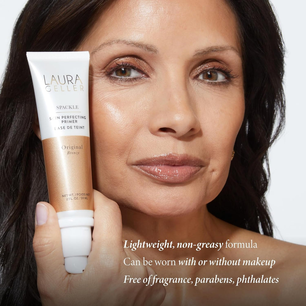 LAURA GELLER NEW YORK primer tucked in a makeup bag for travel-ready convenience