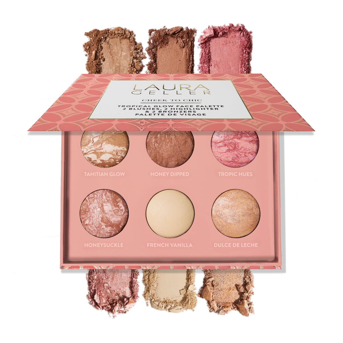 LAURA GELLER palette open showing six baked pans for versatile face color