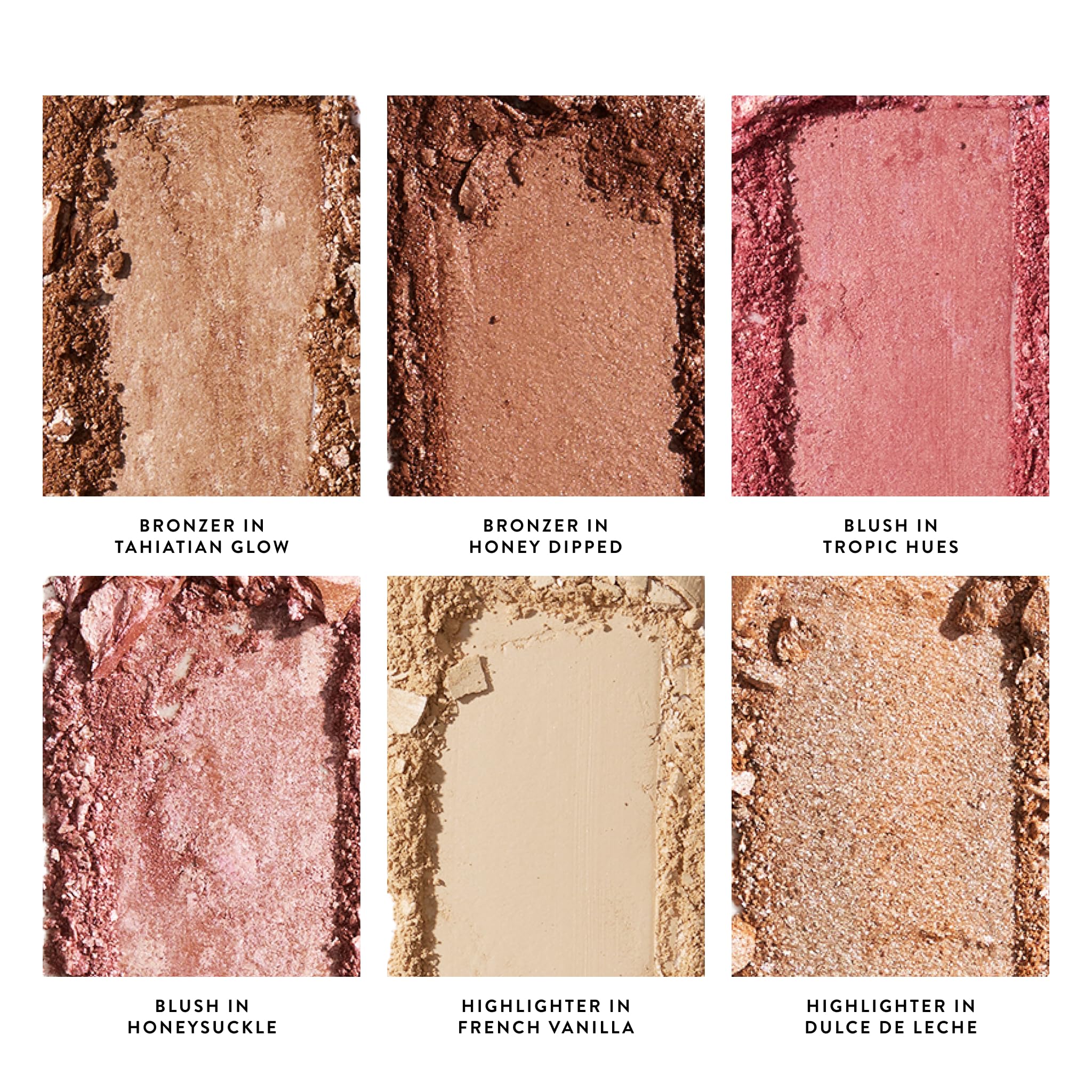 LAURA GELLER arm swatches showing blush, bronzer and highlighter options