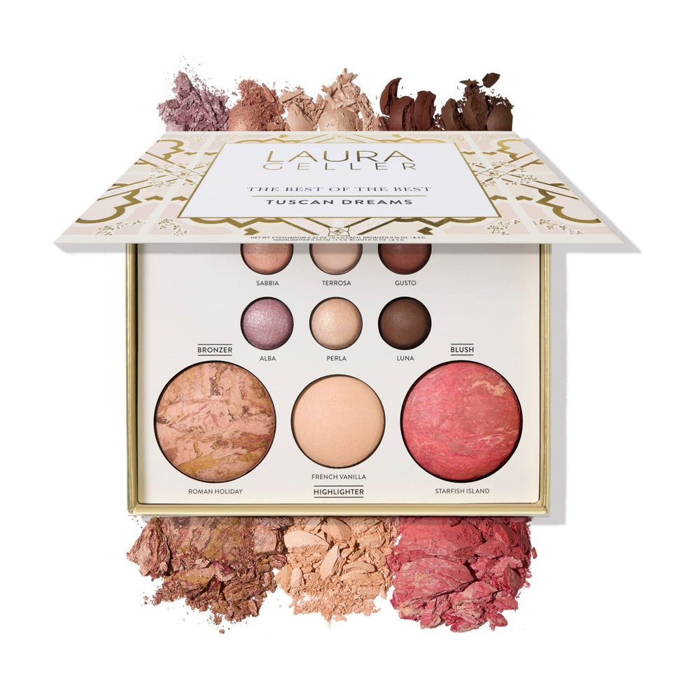 LAURA GELLER NEW YORK palette front view showing all shades and compact benefit
