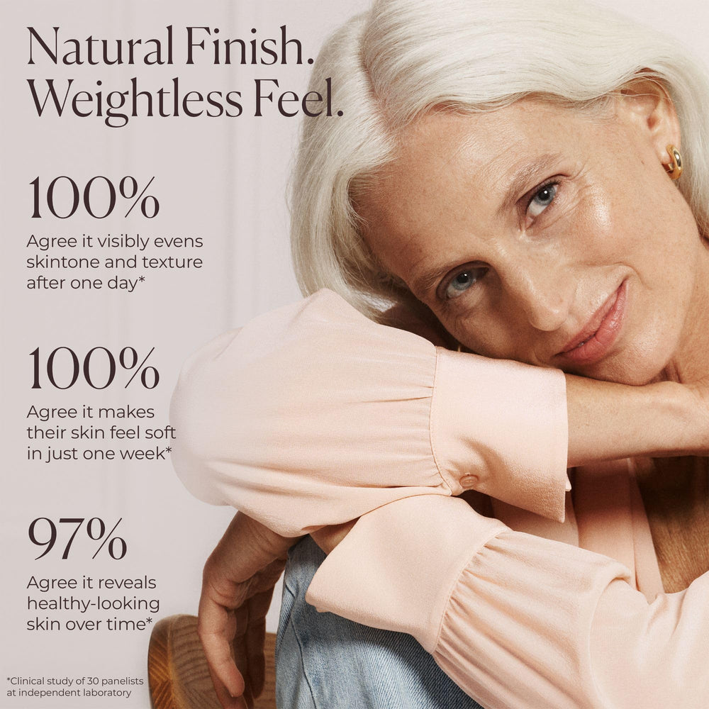 Laura Mercier before and after on cheek illustrating improved tone and glow
