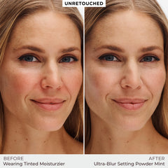 Laura Mercier application brush in use for seamless, lightweight setting