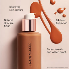 Laura Mercier split-face before and after showing blurred pores and finish