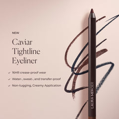 Laura Mercier pencil beside standard eyeliner for size and sharpening reference
