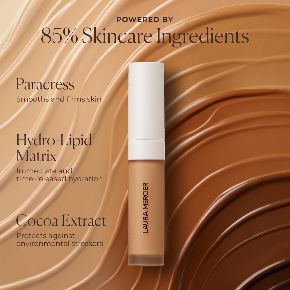 Laura Mercier concealer in a bathroom scene during morning routine showing long-wear benefit