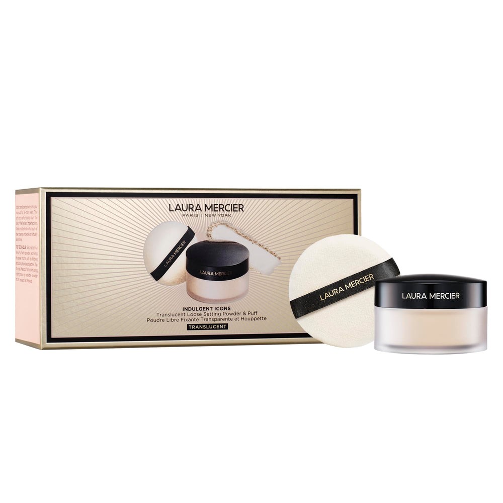 Laura Mercier front packaging showing translucent powder and benefits of long wear