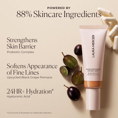 Laura Mercier product beside coin showing compact size and travel ease