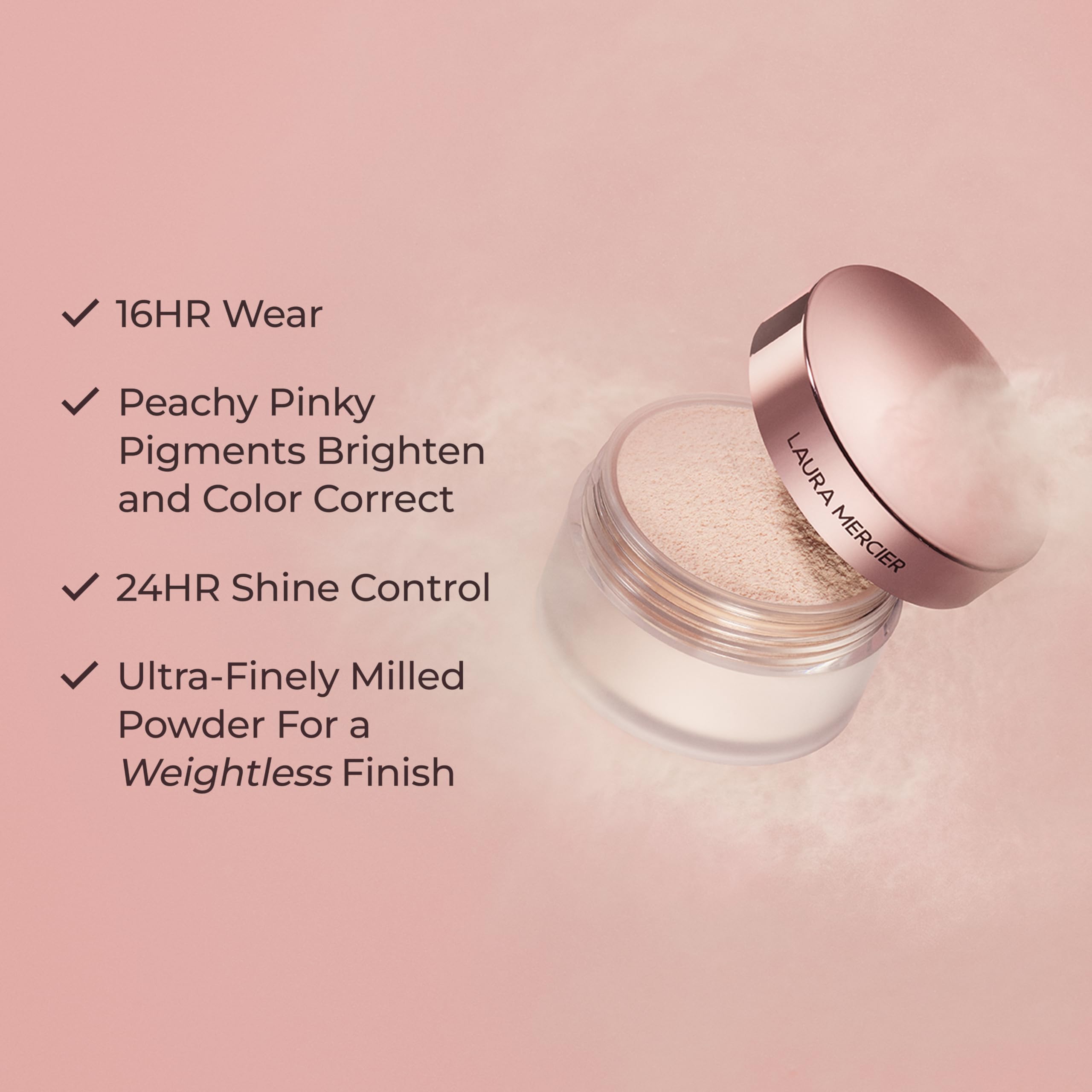 Laura Mercier powder on model full face demonstrating matte, blurred pores finish