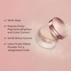 Laura Mercier powder on model full face demonstrating matte, blurred pores finish