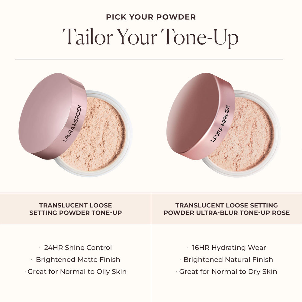Laura Mercier open jar with four shade swatches showing tone-up and translucency benefit