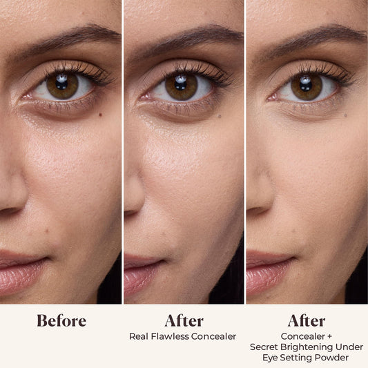 Laura Mercier open pan close-up showing silky peach-pink texture and fine milling benefit