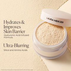 Laura Mercier jar in hand showing true-to-size scale benefit
