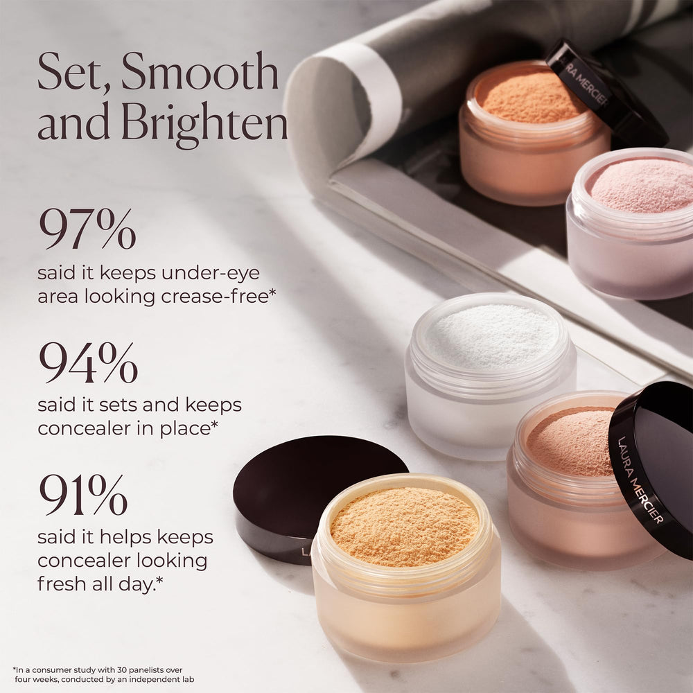 Laura Mercier brush applying powder under eye for crease-free wear