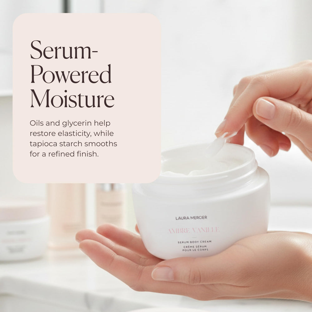 Laura Mercier cream next to hand for scale showing generous 48hr moisture treatment benefit