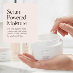 Laura Mercier cream next to hand for scale showing generous 48hr moisture treatment benefit