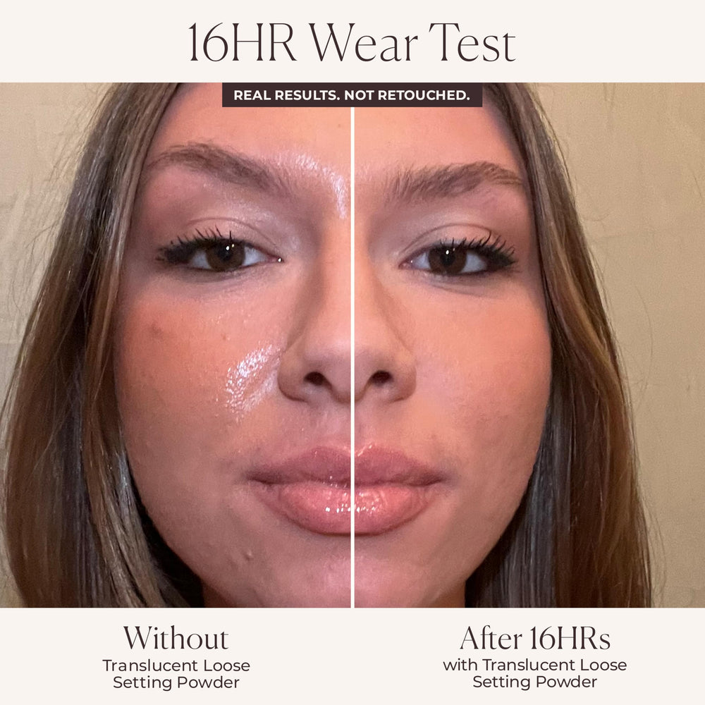 Laura Mercier velour puff pressing powder onto skin for even, long-wear application benefit