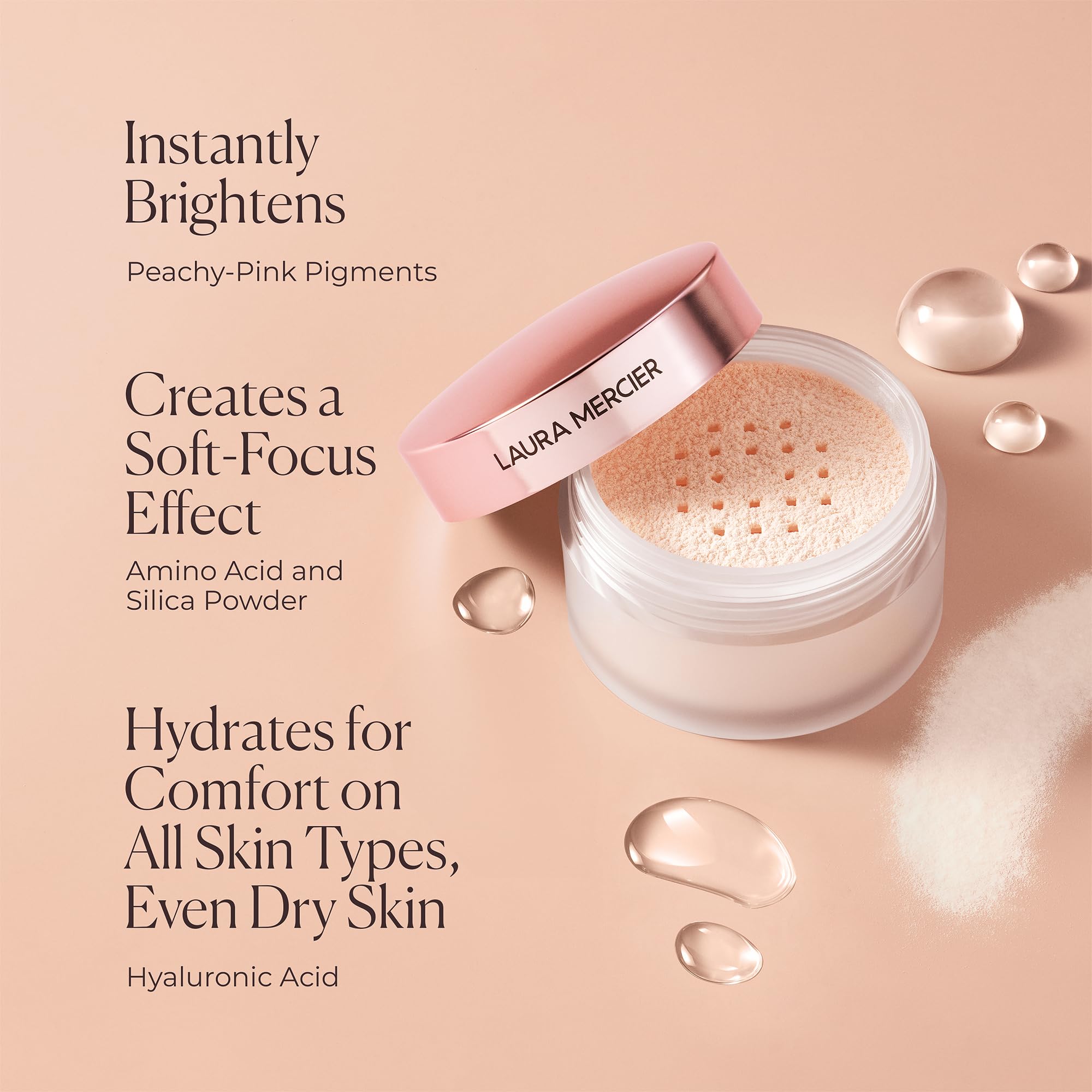 Laura Mercier powder with foundation flatlay showing longer-wear benefit