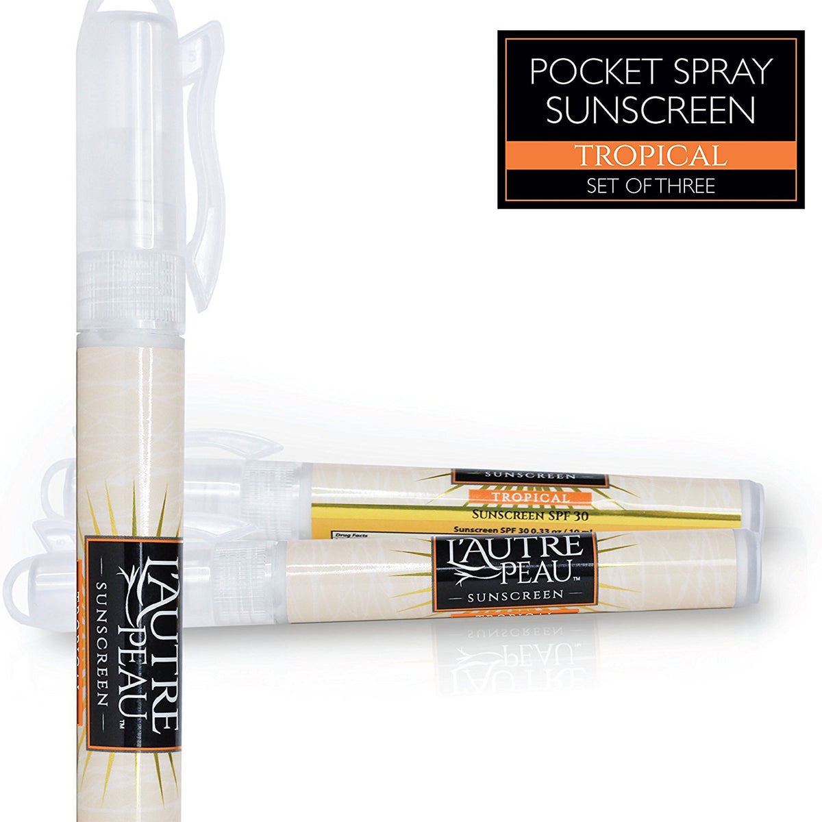 L'AUTRE PEAU front packaging showing three translucent 10ml SPF 30 pens and benefits
