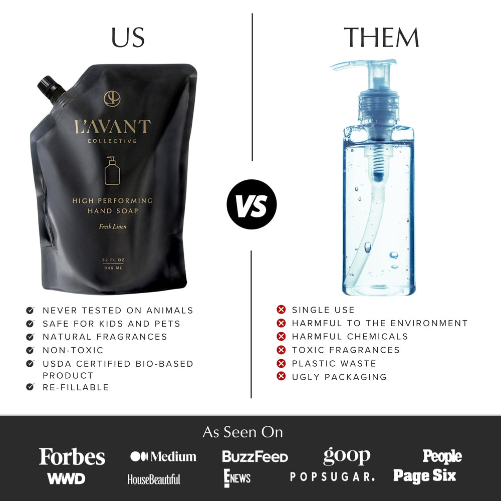 L'AVANT Collective 32 oz pouch beside common objects to show refill capacity benefit