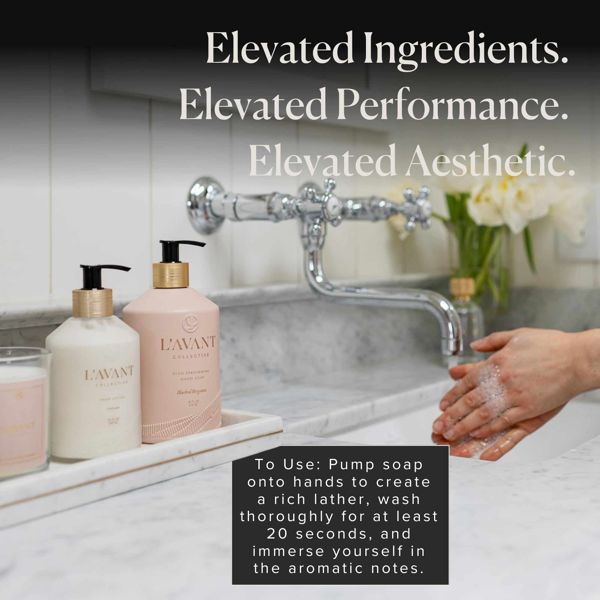 L'AVANT in bathroom sink setting conveying elevated, cohesive home scent