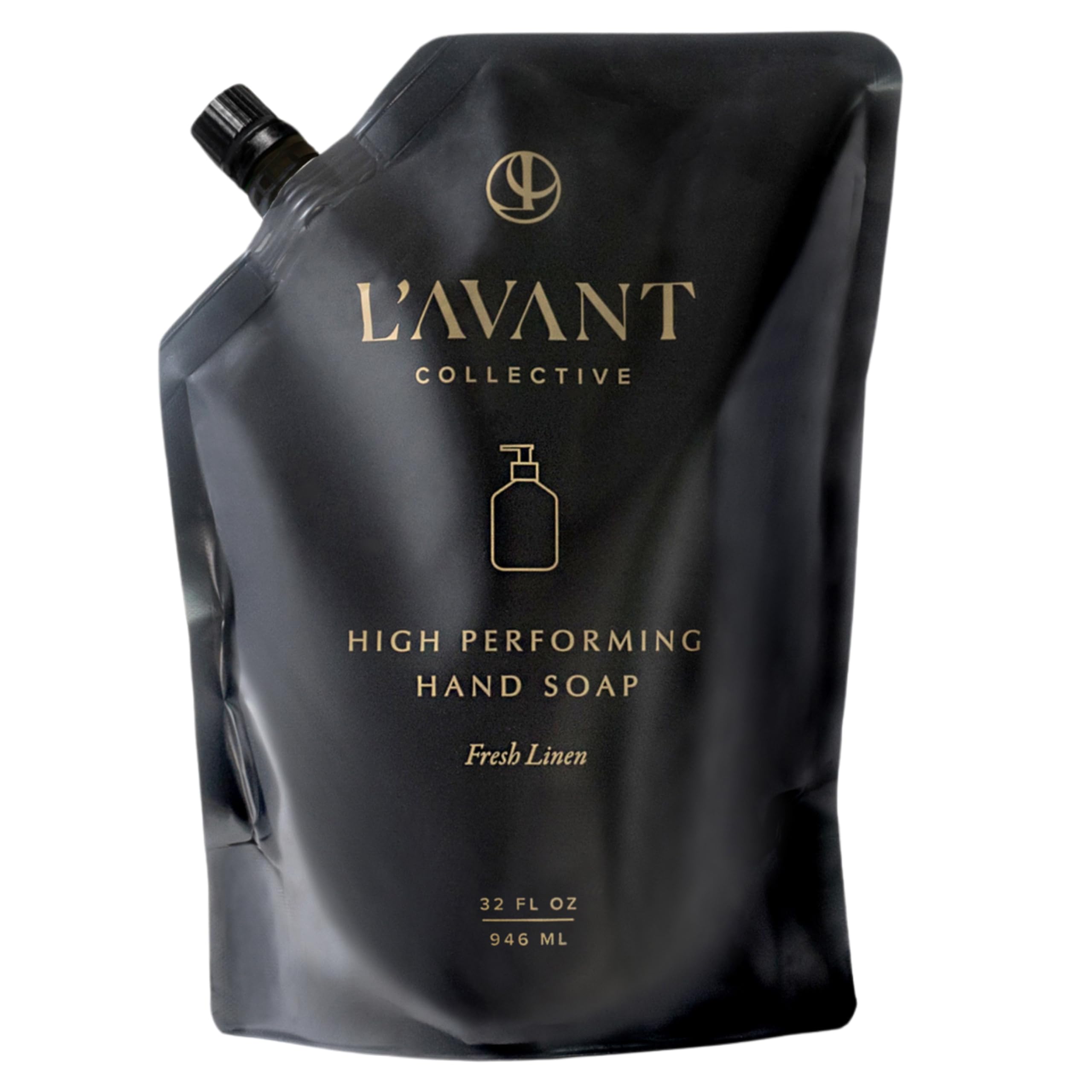 L'AVANT Collective front pouch showing Fresh Linen branding and refill benefit