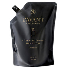 L'AVANT Collective front pouch showing Fresh Linen branding and refill benefit