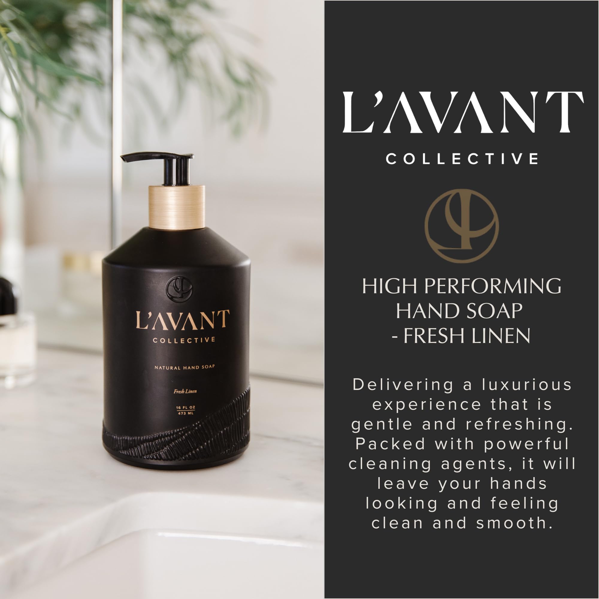 L'AVANT Collective bottle next to hand illustrating true 16 fl oz scale