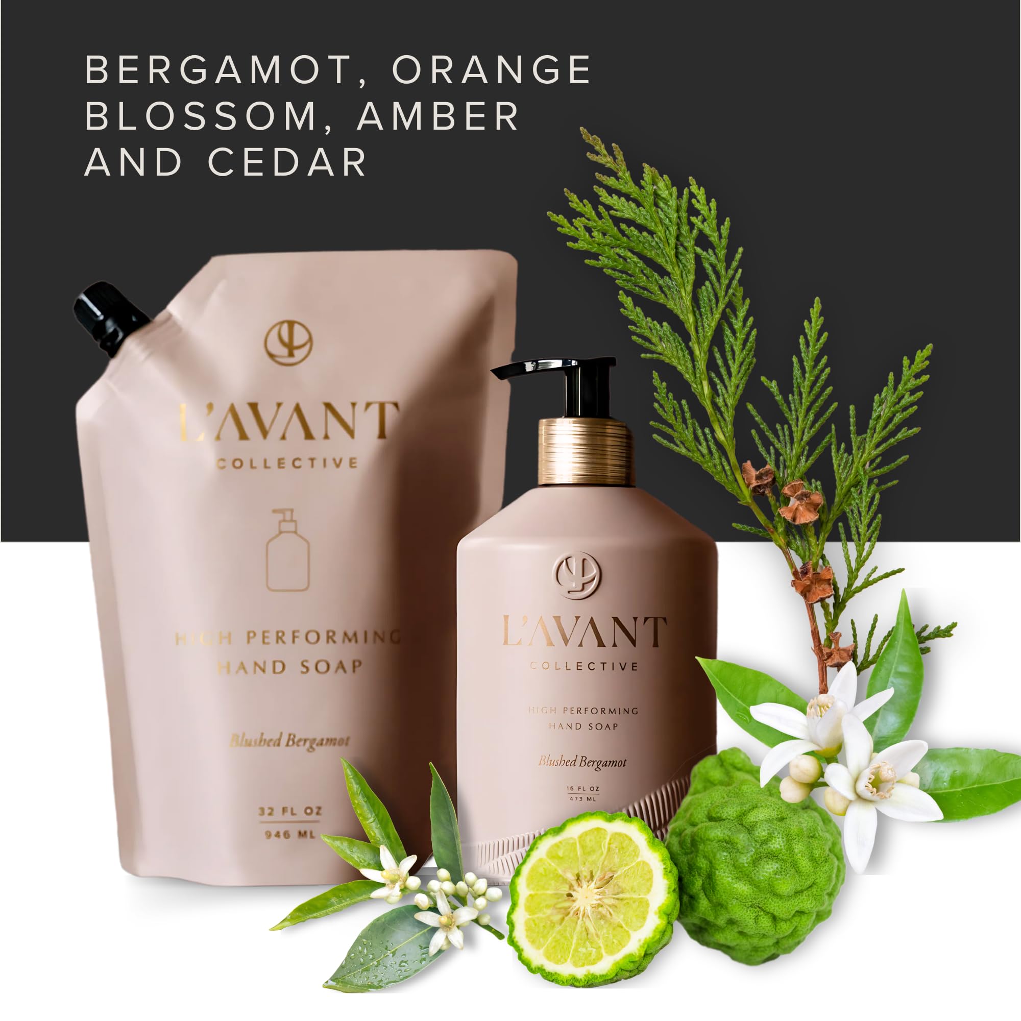 L'AVANT glass bottle paired with refill pouch showing reusable design