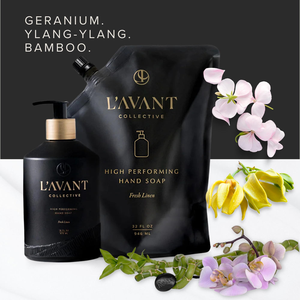 L'AVANT Collective pouring refill into glass bottle demonstrating plastic waste reduction benefit