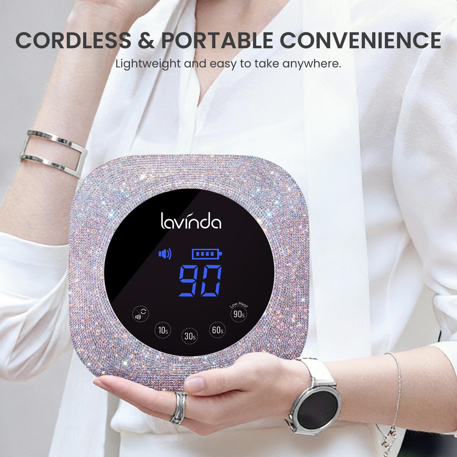 Lavinda charging port and battery icon lit to show cordless portability benefit