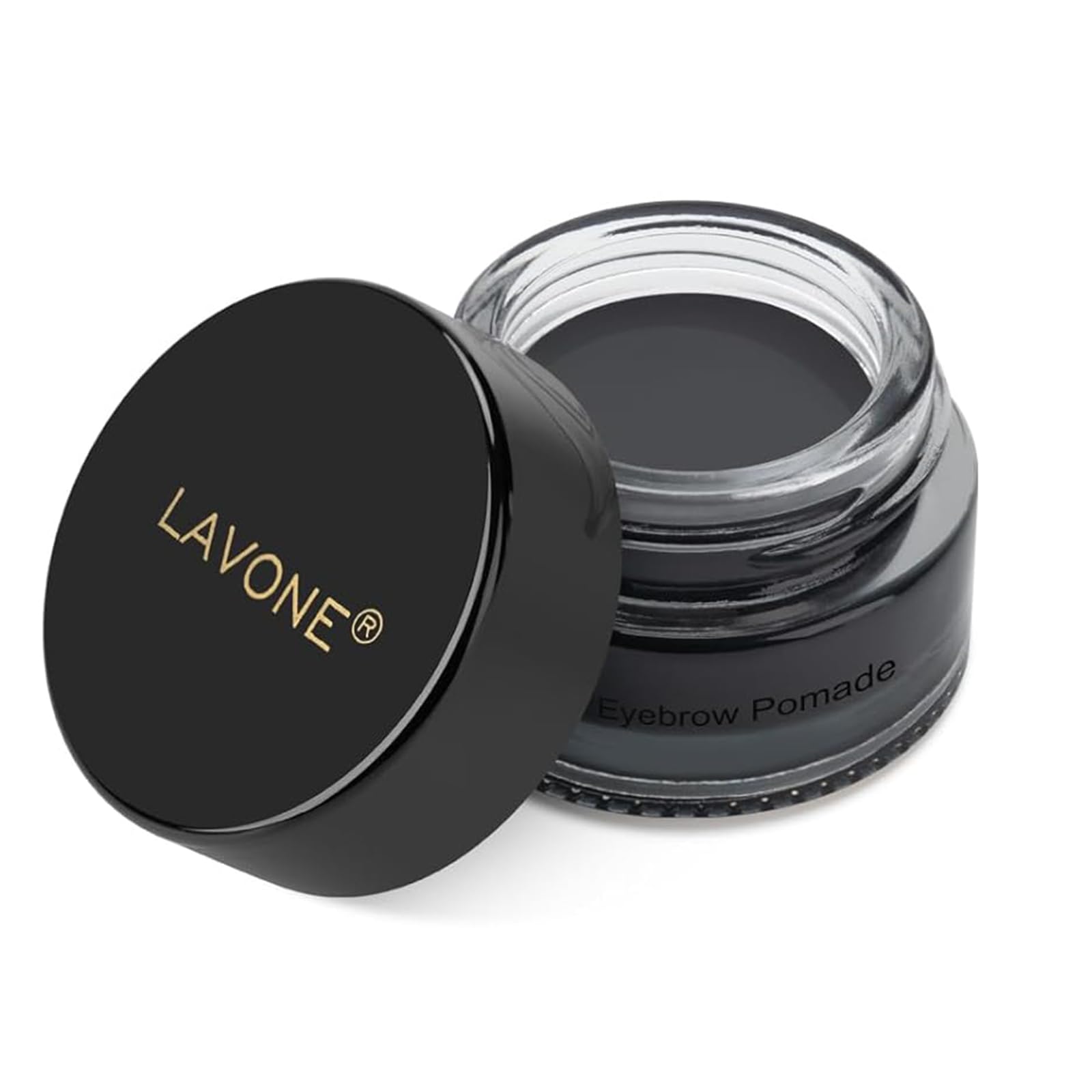 LAVONE eyebrow pomade front pot showing label and black shade benefit long wear
