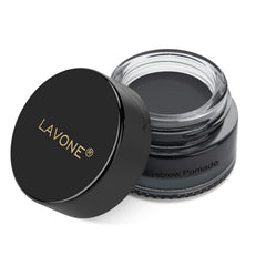 LAVONE eyebrow pomade front pot showing label and black shade benefit long wear