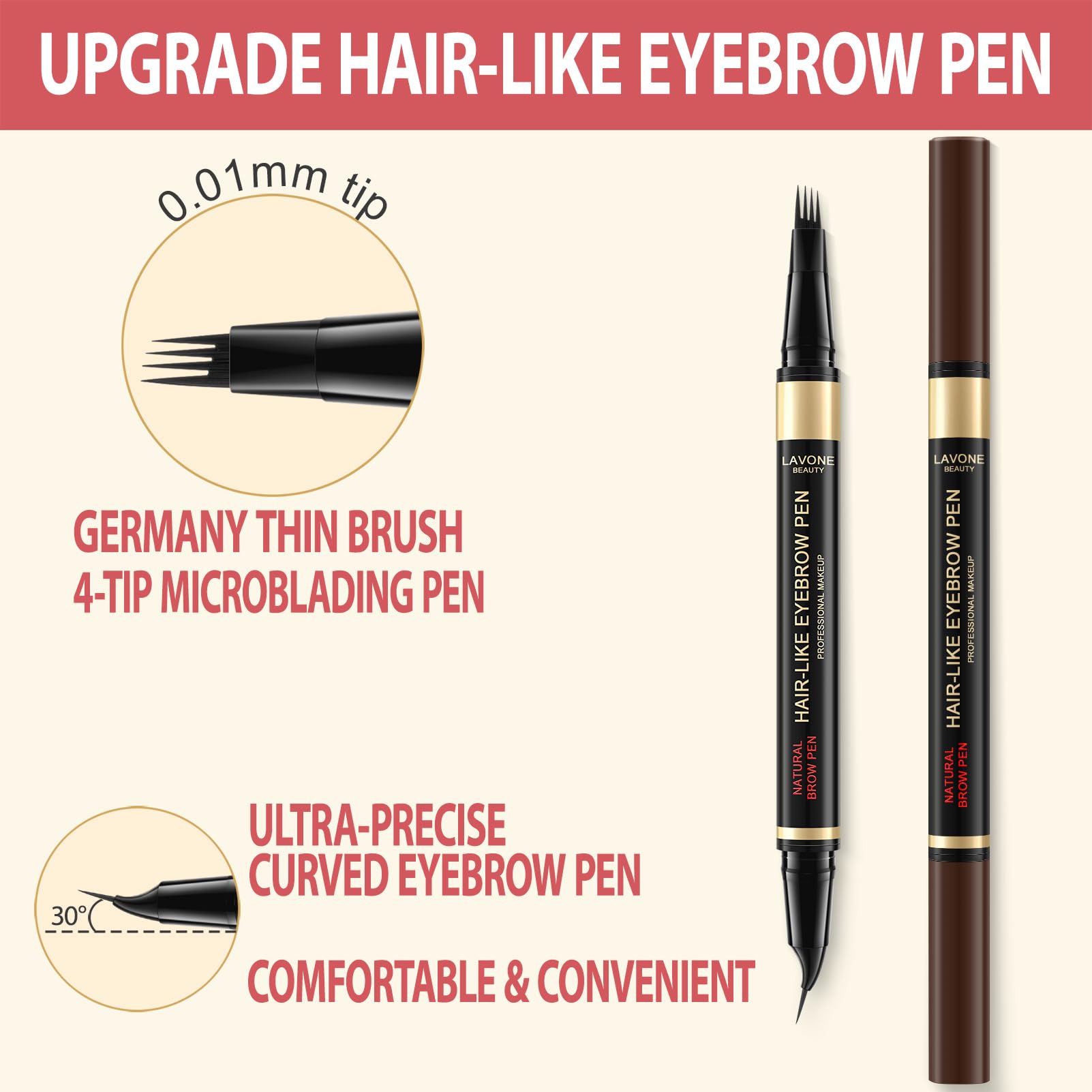 LAVONE dual-ended pen closeup of both tips for versatile shaping benefit
