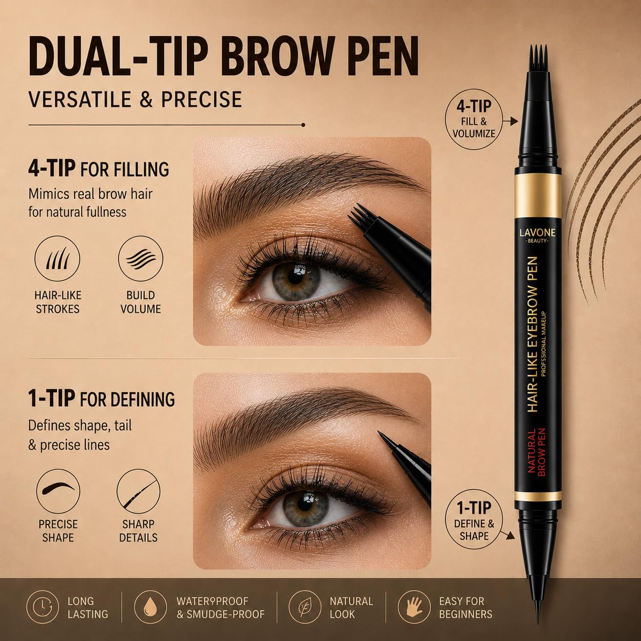 LAVONE four-tip microblading pen close-up illustrating precise hair-like strokes