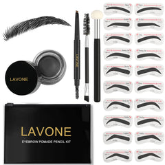 LAVONE front packaging showing complete eyebrow kit and pouch for easy travel