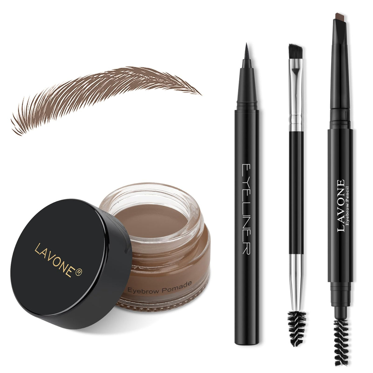 LAVONE front packaging showing complete eyebrow kit and travel pouch benefit