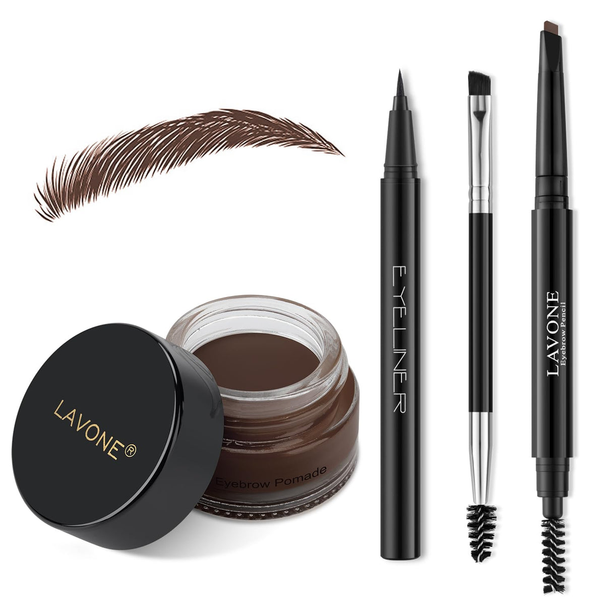 LAVONE front packaging showing full eyebrow kit and portable pouch benefit