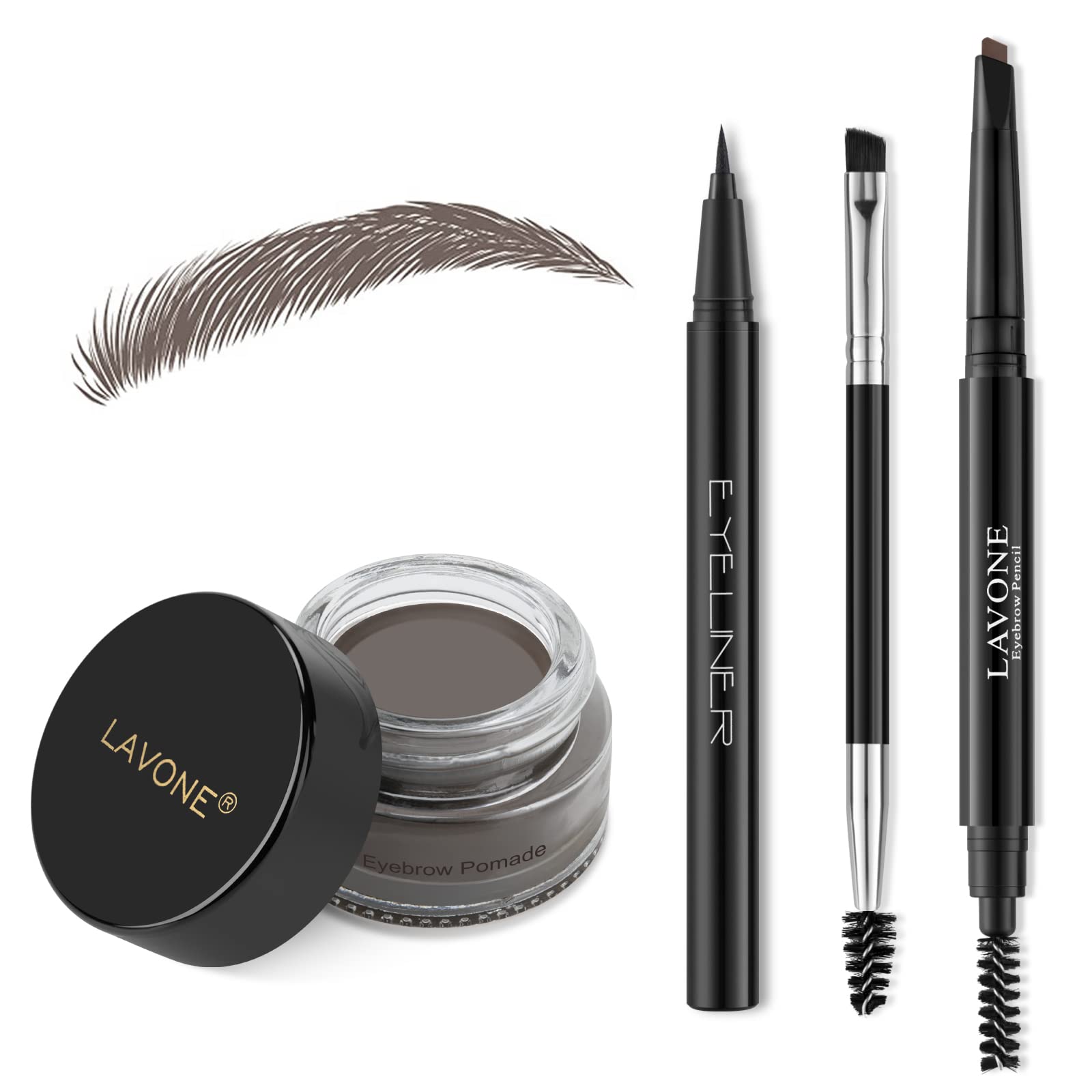 LAVONE front packaging showing complete brow kit and travel pouch benefit