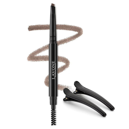 LAVONE front packaging showing full eyebrow pencil and clips for easy portability
