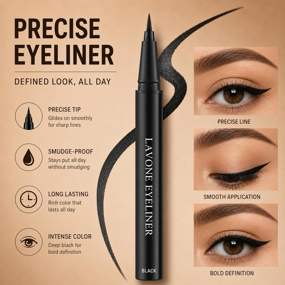 LAVONE kit components flatlay showing pen, wax, eyeliner, and brush for quick styling