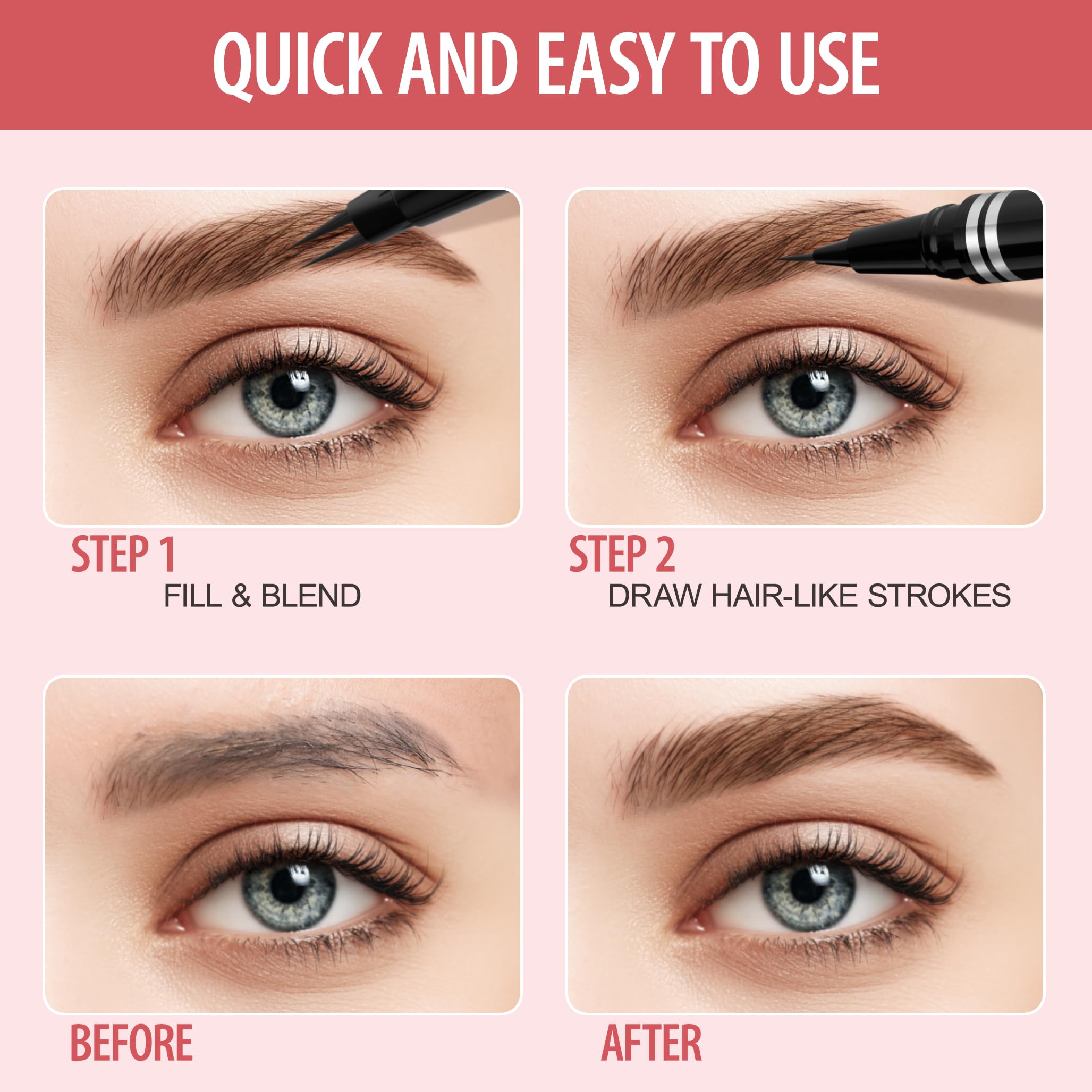 LAVONE applying eyebrow pen in mirror for natural grooming