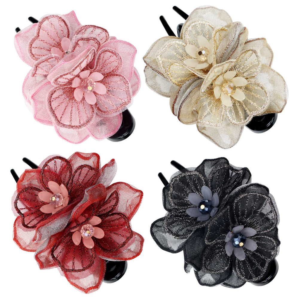 Lawie front view of four mesh flower clips showing colors and decorative finish for styling