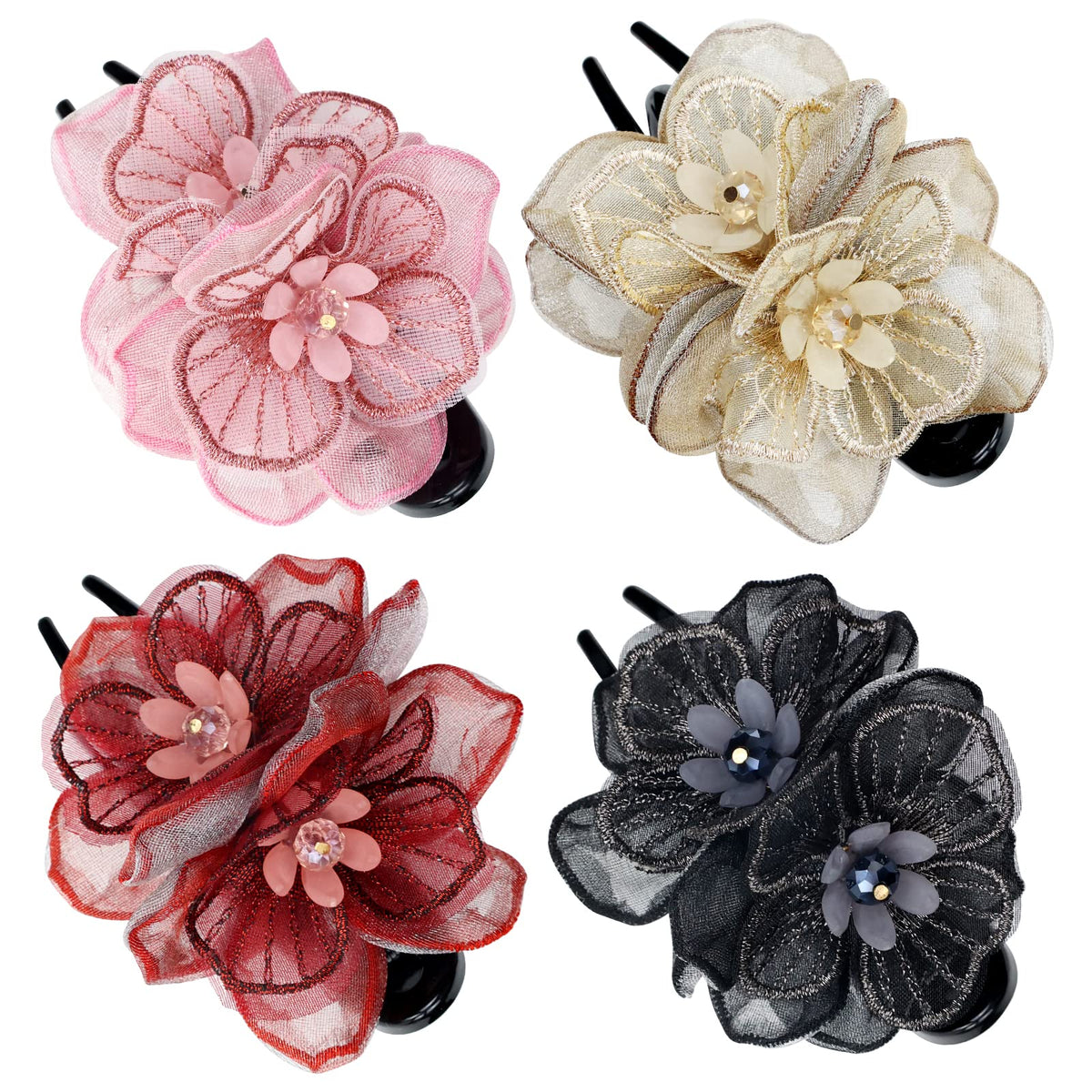 Lawie front view of four mesh flower clips showing colors and decorative finish for styling