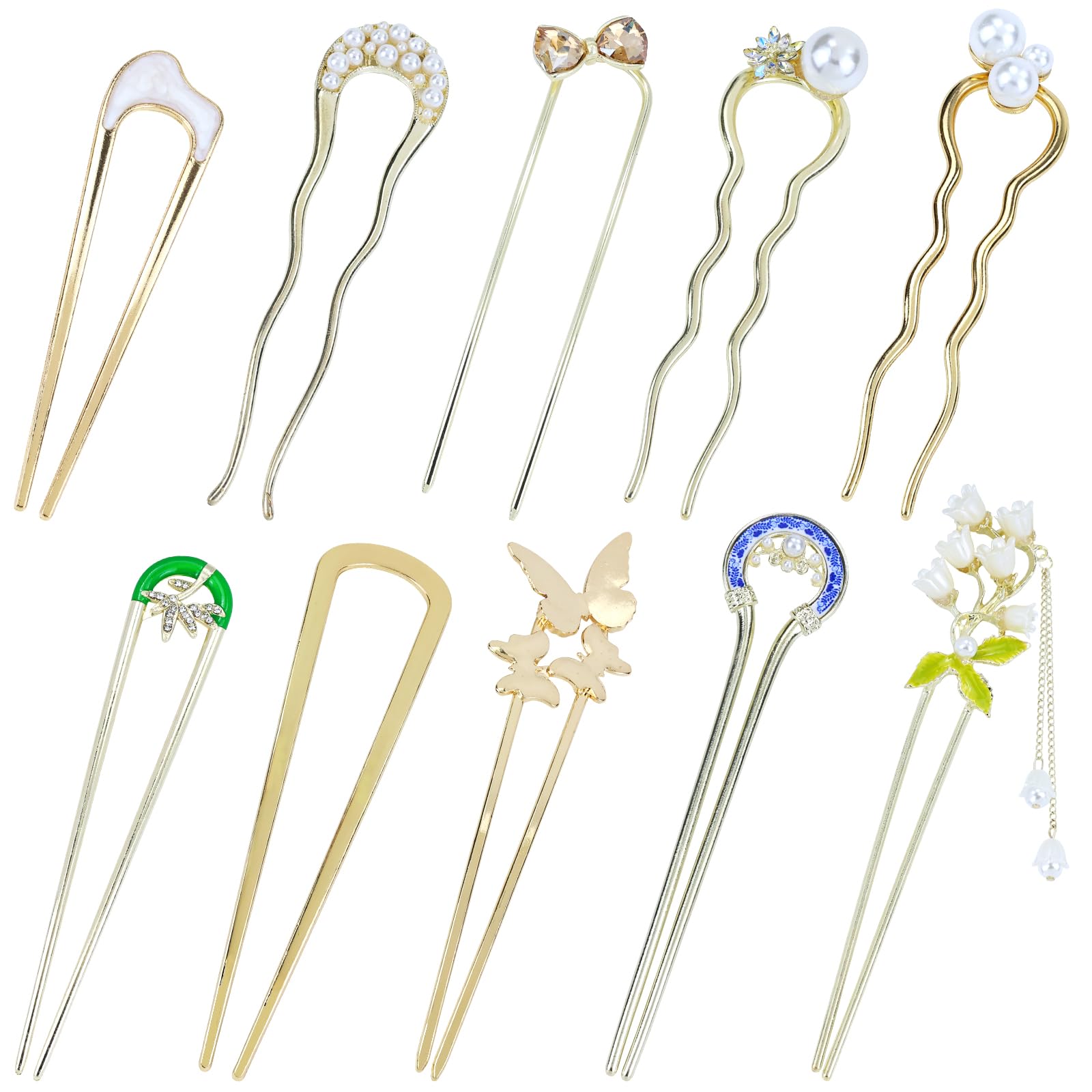 Lawie gold pack front view showing ten decorative hair forks and charms