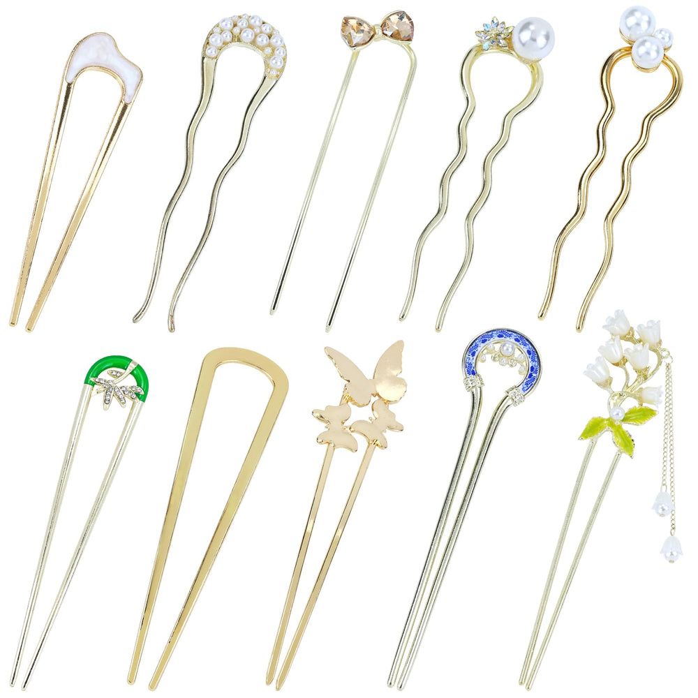 Lawie gold pack front view showing ten decorative hair forks and charms