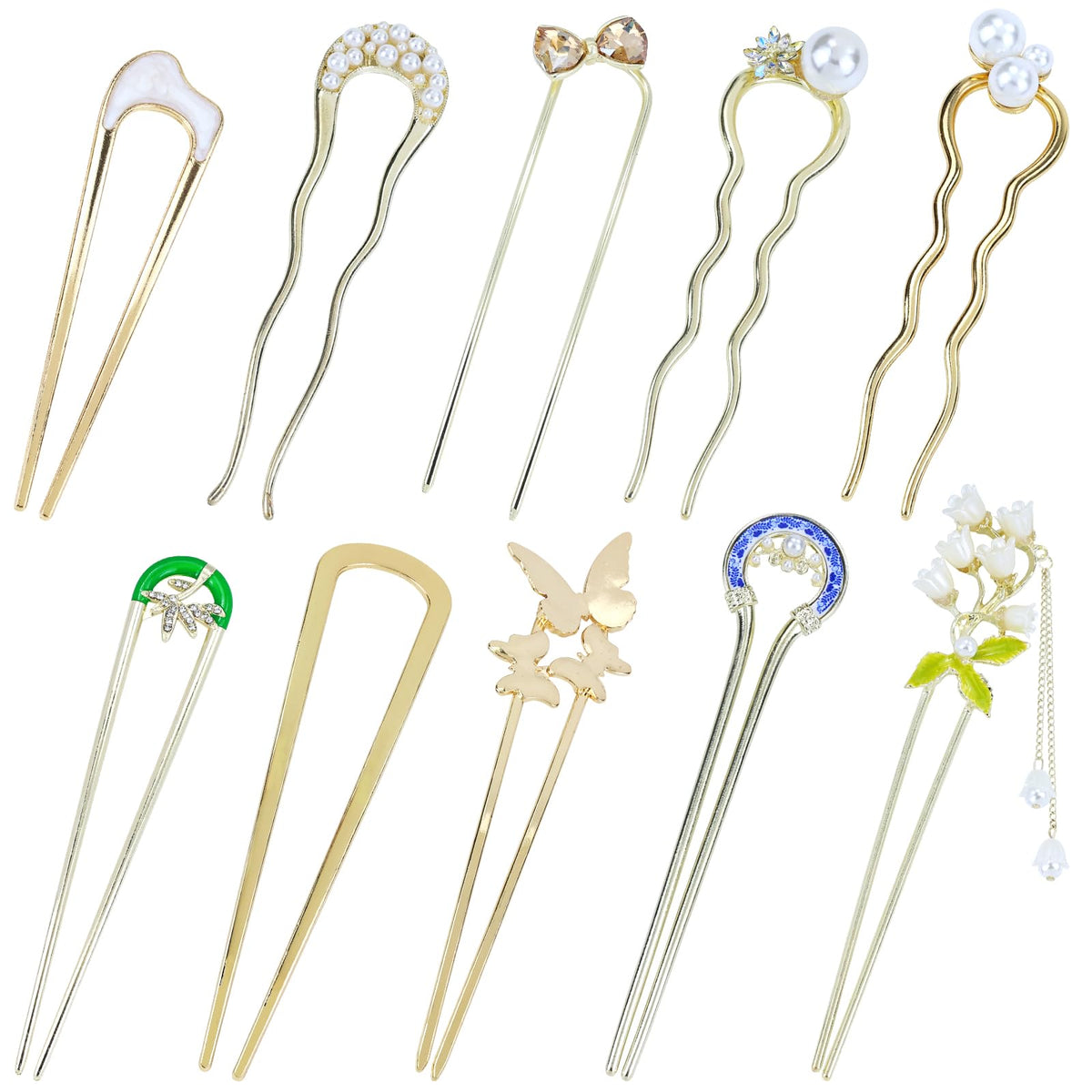 Lawie gold pack front view showing ten decorative hair forks and charms